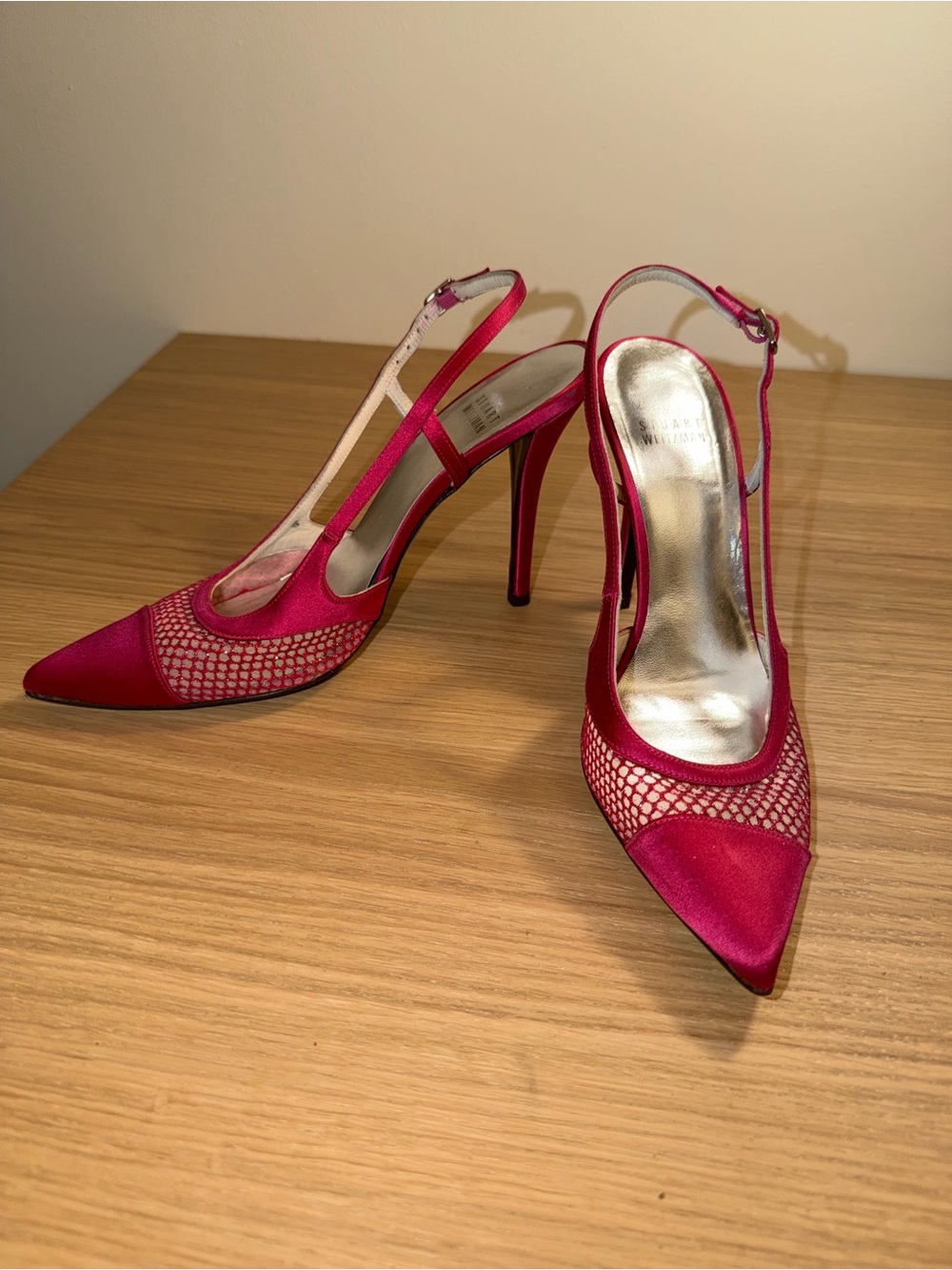 Stuart Weitzman Hot Pink Mesh Pointed Slingback Heels